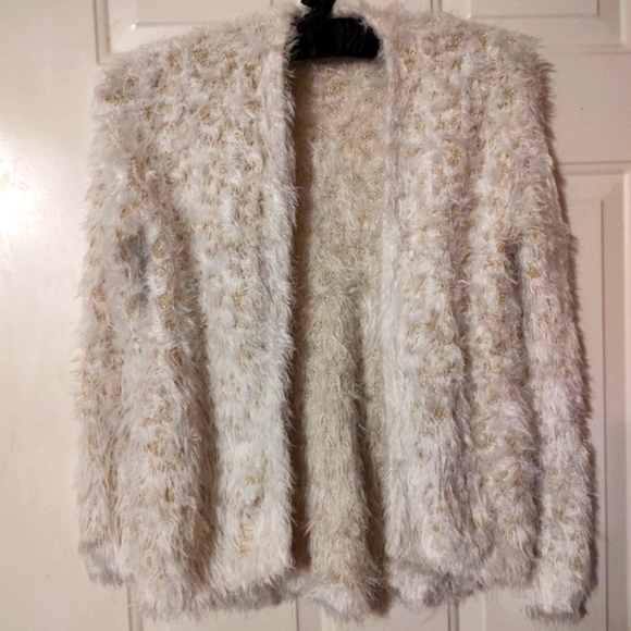 🔸🐇🔸Delightful XOXO Soft Ivory & Gold Lame Plush Furry Sweater Cardigan - M - Picture 8 of 16